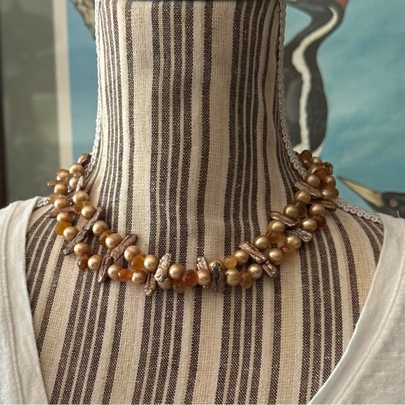 Amber Agate Biwa Pearl Sterling Double Layered Choker Necklace OOAK Handmade - Picture 15 of 16